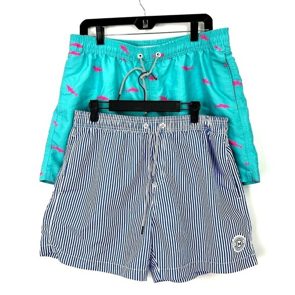 2 Maamgic Mens L Swim Trunks Blue Shark Stripe Shorts Liner Pocket 5 Inch Inseam - Picture 2 of 12